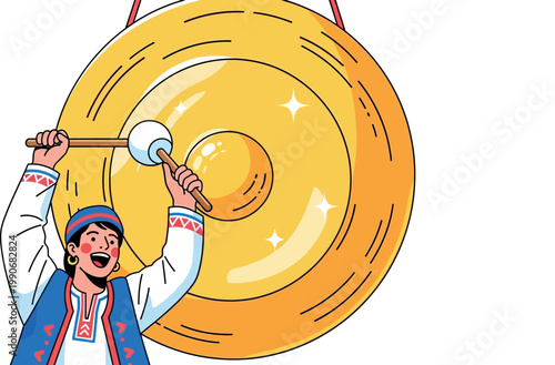 Man in traditional clothing enthusiastically hits a large golden gong with a mallet.