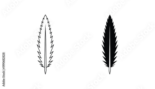 Abstract feather quill icons featuring detailed textures in both thin line art and bold solid black silhouette styles for writing and calligraphy design concepts