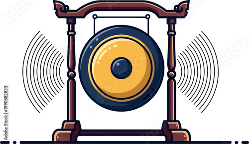 A gong hangs from a wooden stand and produces sound waves in the air.