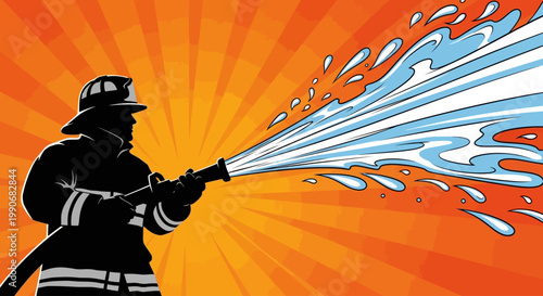 Retro comic style illustration of a firefighter silhouette spraying water from a hose