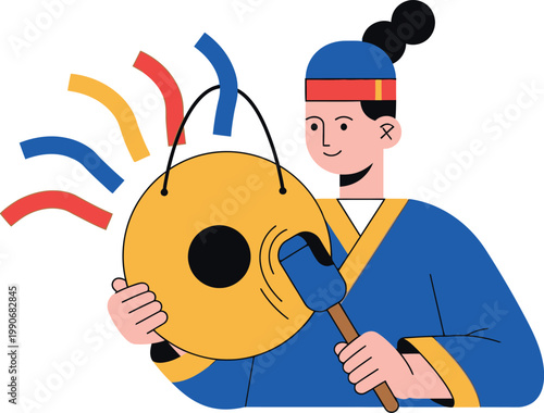 Cartoon man in blue traditional outfit holding gong with colorful sound waves.