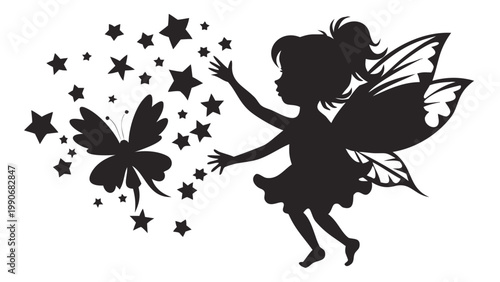 A captivating silhouette of a charming fairy girl with delicate wings, reaching out to conjure a magical trail of sparkling stars from a graceful butterfly, creating a wondrous and enchanted scene.