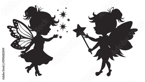 A delightful silhouette featuring two distinct fairy girls, one gracefully conjuring a shower of sparkling stars, while the other proudly holds a star-topped magic wand, both embodying whimsical fanta