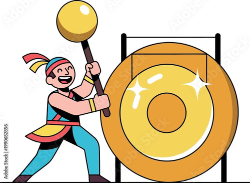 A cartoon man in traditional attire enthusiastically hits a large gong with a mallet.