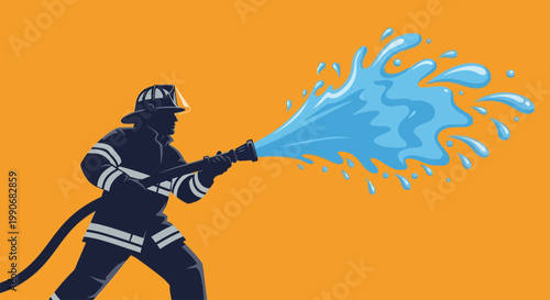 Illustration of a firefighter silhouette spraying water from a hose on an orange background