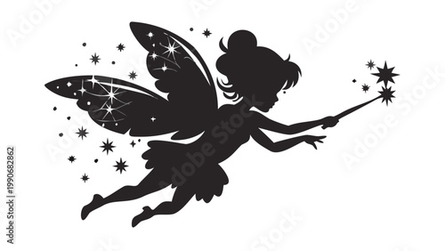 A graceful silhouette of a beautiful fairy girl with stunning wings, in mid-flight, holding a star-tipped magic wand that casts a dazzling trail of shimmering stars, creating a truly enchanting specta