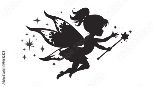 A captivating silhouette of a delightful fairy girl with intricately designed wings, gracefully soaring through the air, holding a shining star-tipped wand that emanates a wondrous cascade of sparklin