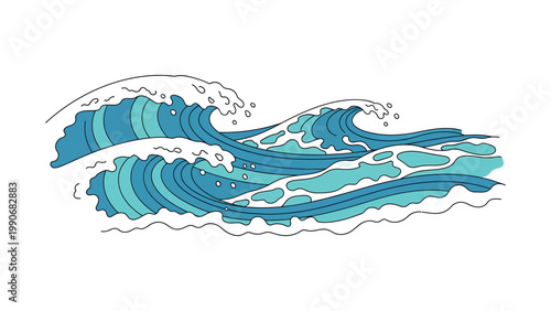 The ocean wave crashes with blue swirling water and white foam in a dynamic illustration.