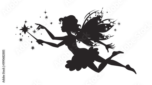 A majestic silhouette of a powerful and graceful fairy with elaborate wings, captured in dynamic flight, elegantly holding a radiant star-tipped wand that spectacularly disperses a magical shower of t