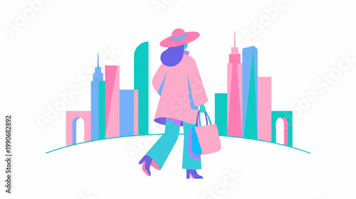Minimalist vector illustration of a stylish woman shopping in a colorful city