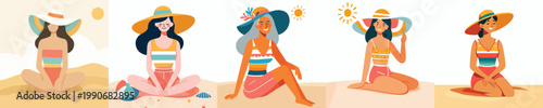 vector of a woman sitting on the beach enjoying summer