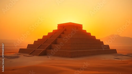 ziggurat. Massive stepped ziggurat in terracotta hues under a desert sunset, dominating the horizon. inspiring travel planning.
