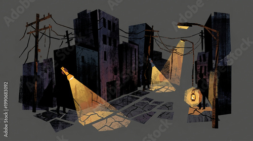 Night street scene with silhouetted figures holding flashlights in city