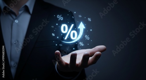 Businessman Holding Glowing Percentage Sign with Upward Arrow Conceptual Photo for Financial Growth