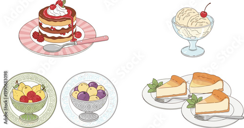 Delicious Dessert Vector Set with Layer Cake, Ice Cream Sundae, Fruit Bowls and Cheesecake Slices for Bakery Menus, Food Illustrations and Sweet Treat Designs