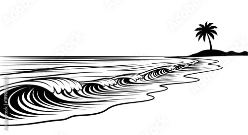 Silhouette of waves crashing on a tropical beach with a palm tree.