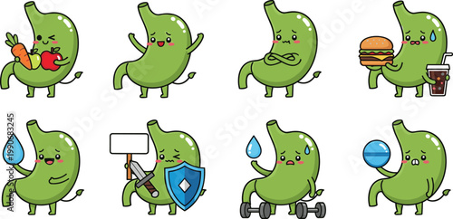Cute Stomach Cartoon Character Set Showing Healthy and Unhealthy Digestion, Eating Habits, Exercise, and Medical Conditions for Healthcare Illustration and Education