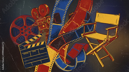 Vintage filmmaking equipment and movie production elements illustration