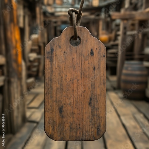 Rustic wooden tag hanging in antique shop