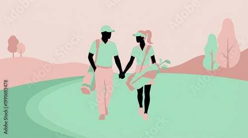 Minimalist illustration of a couple walking on a golf course