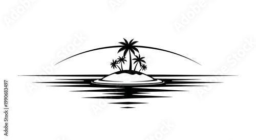Tropical island with palm trees at sunset or sunrise, stylized illustration