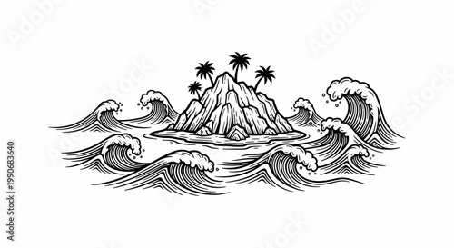 Tropical island surrounded by large ocean waves in woodcut engraving style