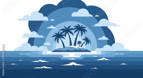 Serene tropical island with palm trees on calm blue ocean.