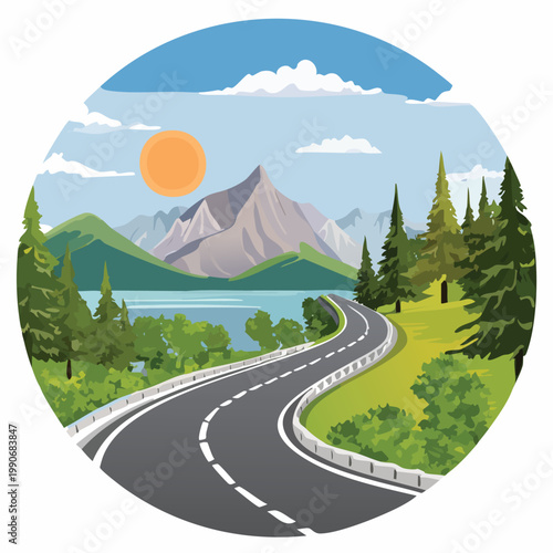 Scenic road through mountains and forest with bright sun and blue sky