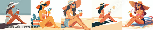 vector of a woman sitting on the beach sand enjoying ice in summer