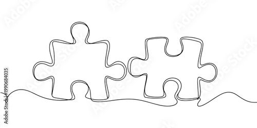 Two connected puzzle pieces continuous line drawing