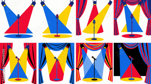 Set of stage spotlight patterns with microphones and theatrical curtains