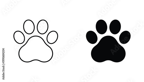 Animal paw print icon set for pet care and veterinary services in minimalist linear and solid black glyph design isolated on white background for professional web and marketing graphic materials