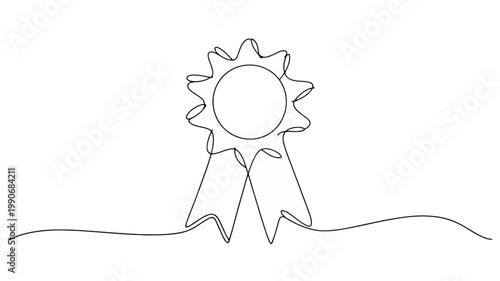 Minimalist continuous line drawing of a rosette award ribbon 1