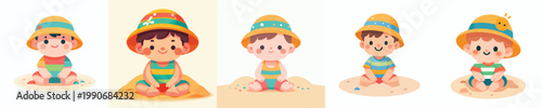 vector of a little boy sitting on the beach enjoying summer