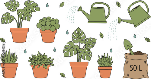 Vector illustration of potted plants, watering cans, soil sack and gardening tools in plant care design