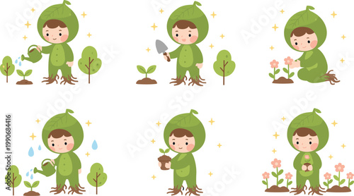 Vector illustration of child character in leaf outfit caring for plants, watering sprouts and flowers in growth design