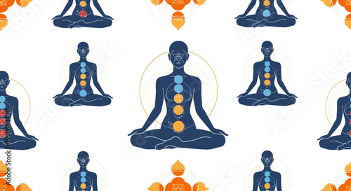 Seamless Pattern of Meditating Human Figures with Aligned Chakra Energy Centers Vector Illustration for Yoga and Spiritual Wellness Design