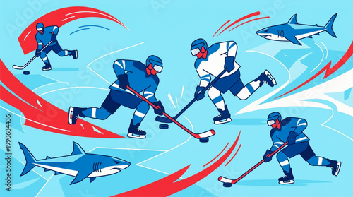Dynamic ice hockey players in action with shark figures