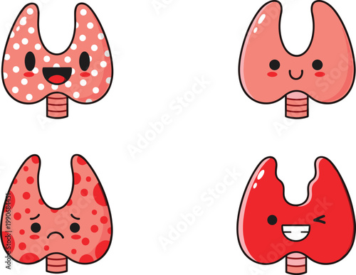 Cute Thyroid Gland Cartoon Character Set with Different Emotions and Medical Conditions for Healthcare Education, Anatomy Illustration, and Awareness Design Projects