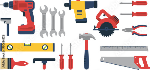 Vector illustration of construction and repair tools including drill, saw, hammer, wrench, screwdriver and pliers
