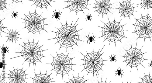 Seamless Pattern of Spiders and Webs Vector Illustration for Halloween Backgrounds and Spooky Party Decorations