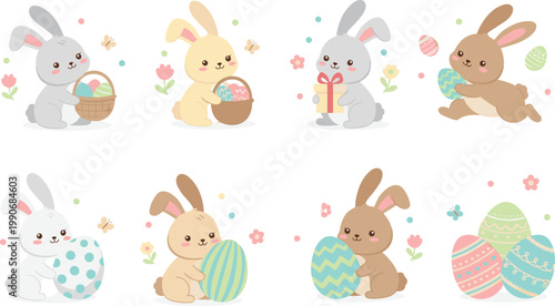 Vector illustration of cute Easter bunnies with decorated eggs, flowers and spring celebration design