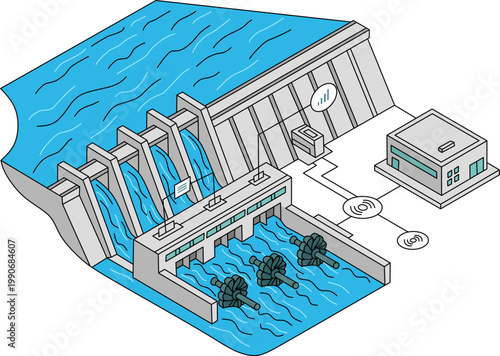 Technology dam in a power plant harnesses flowing waters energy. Suitable for renewable energy, future technology, hydroelectric power concepts.