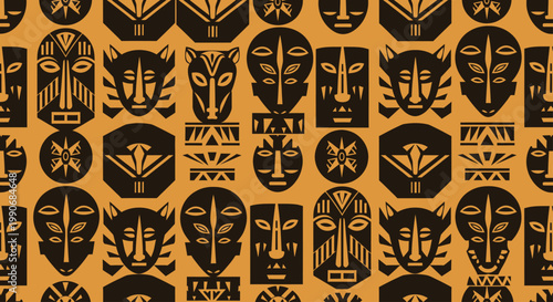 Seamless pattern of stylized African masks and symbols on an ochre background