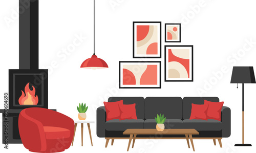 Vector illustration of modern living room interior with fireplace, sofa, armchair, pendant light and abstract wall art