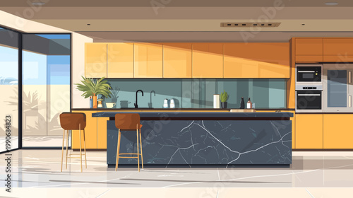 Modern kitchen illustration showcasing a marble island, wooden cabinets, and sunny ambiance