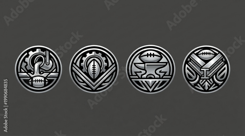 Set of four metallic industrial american football emblems