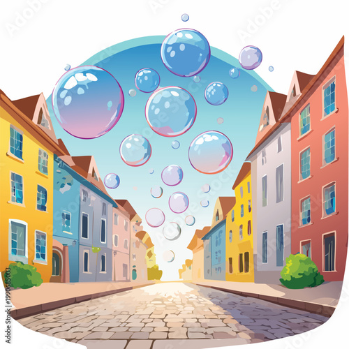 Colorful cartoon illustration of a street with rising soap bubbles in the sky