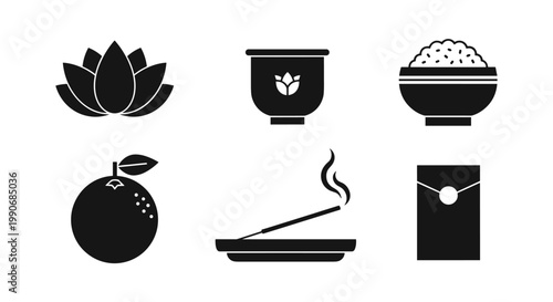 Set of traditional Asian cultural and religious symbols in black silhouette.
