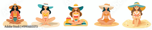 vector of a woman sitting on the beach enjoying summer
